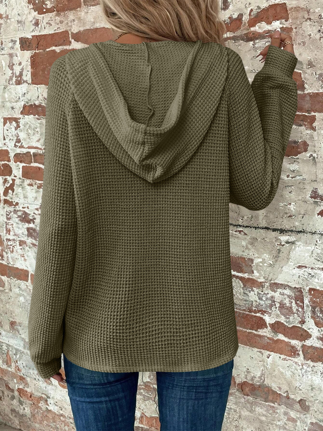 Waffle Knit Long Sleeve Drawstring Hooded Top - Ladyez
