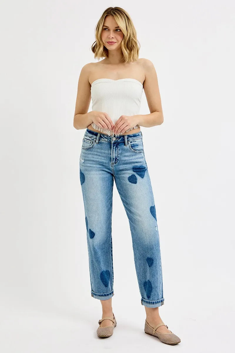 RISEN Full Size Mid Rise Fit-boyfriend Heart Shade Jeans Plus Size - Ladyez