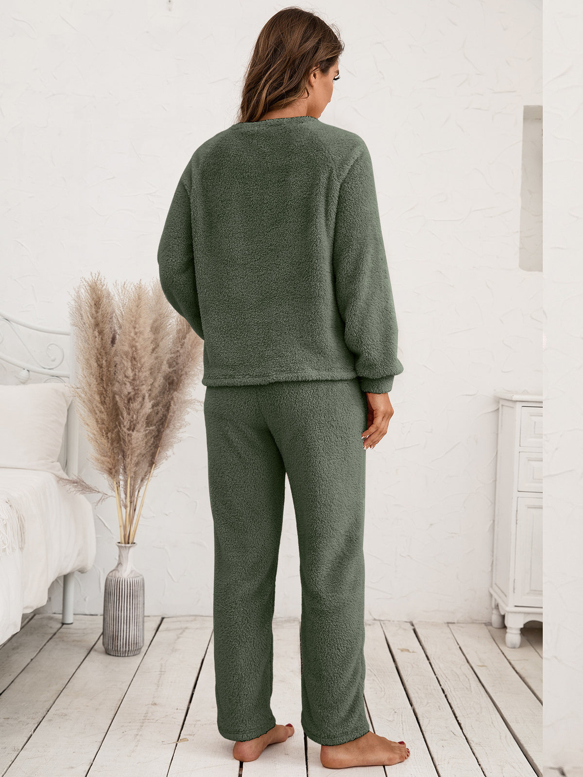 Ivy Lane Teddy Long Sleeve Top and Pants Lounge Set - Ladyez