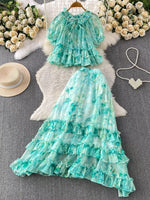 Floral Print Ruffle Hem Blouse and Skirt Set