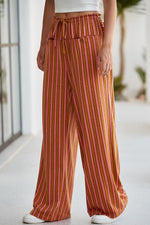 Stripe Button Pocket Tie Waist Casual Wide Leg Pants