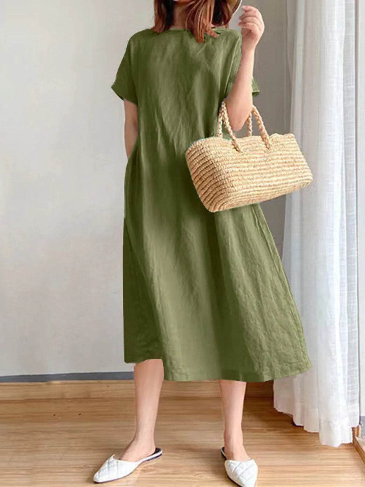 Full Size Casual Round Neck Midi Dress Plus Size - Ladyez