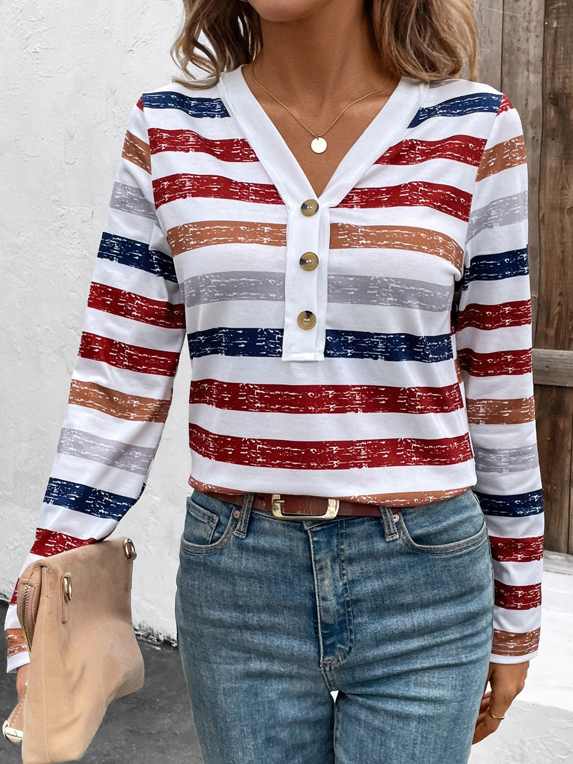 Contrast Striped V-Neck Long Sleeve T-Shirt - Ladyez