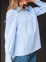 Stripe Shirred Detail Half Placket Collared Long Sleeve Shirt