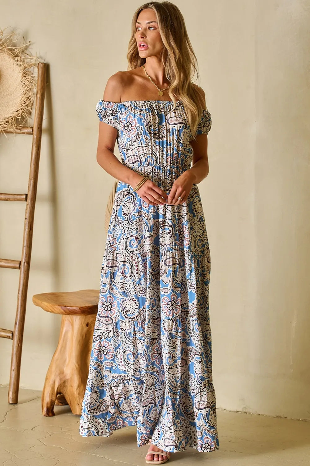 Printed Off-Shouder Short Sleeve Dress - Ladyez