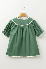 Ric Rac Trim Tie Neck Short Sleeve Blouse