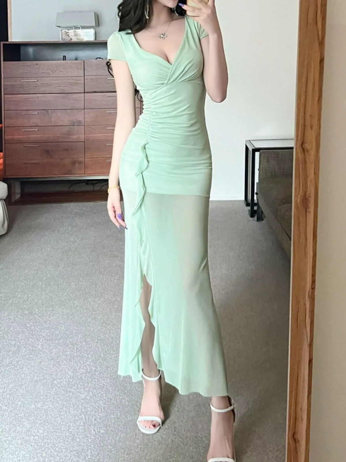 Tie-Dye Surplice Ruffle Slit Dress