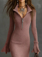 Ribbed Knit Zip Front Flare Hem Midi Dress
