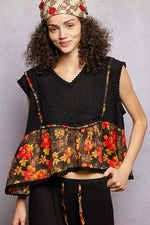 POL Lace Detail Floral Cropped Ruffled Top