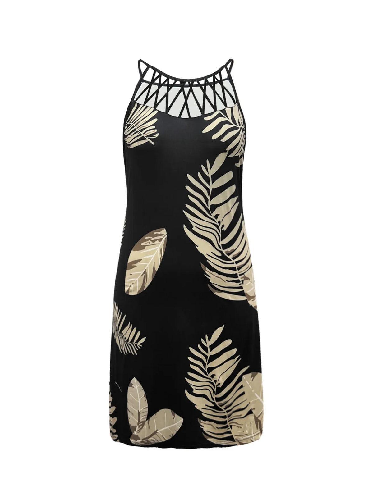 Tropical Leaf Print Halter Neck Mini Dress with Cutout Detail - Ladyez