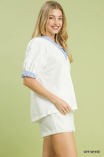 Umgee French Terry Ruffle Trim Puff Sleeve Top