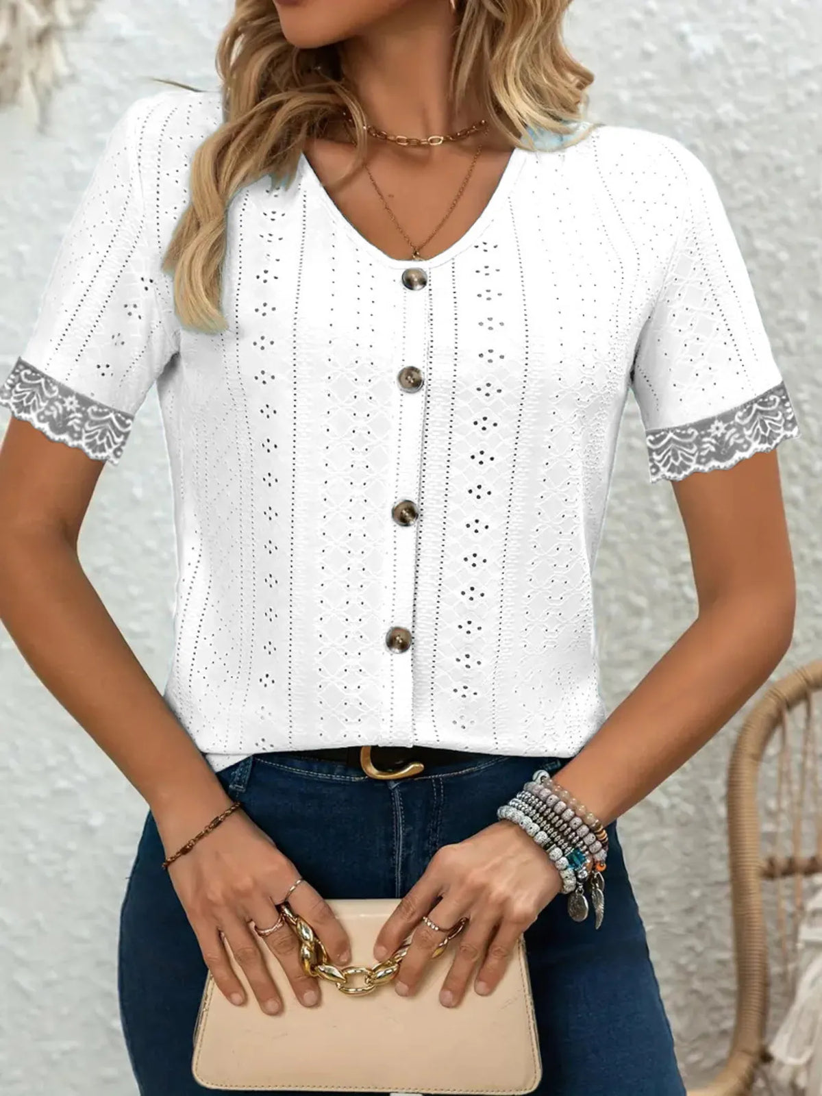 Eyelet Lace Trim Short Sleeve Blouse - Ladyez