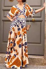 Geometric Print V-Neck Maxi Dress with Cutout Detail - Ladyez