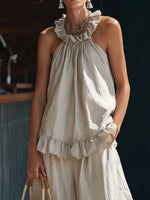 Full Size Ruffled Halter Neck Top and Wide-Leg Pants Set Plus Size