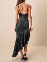 Asymmetrical Velvet Cami Dress with Ruffle Hem - Ladyez