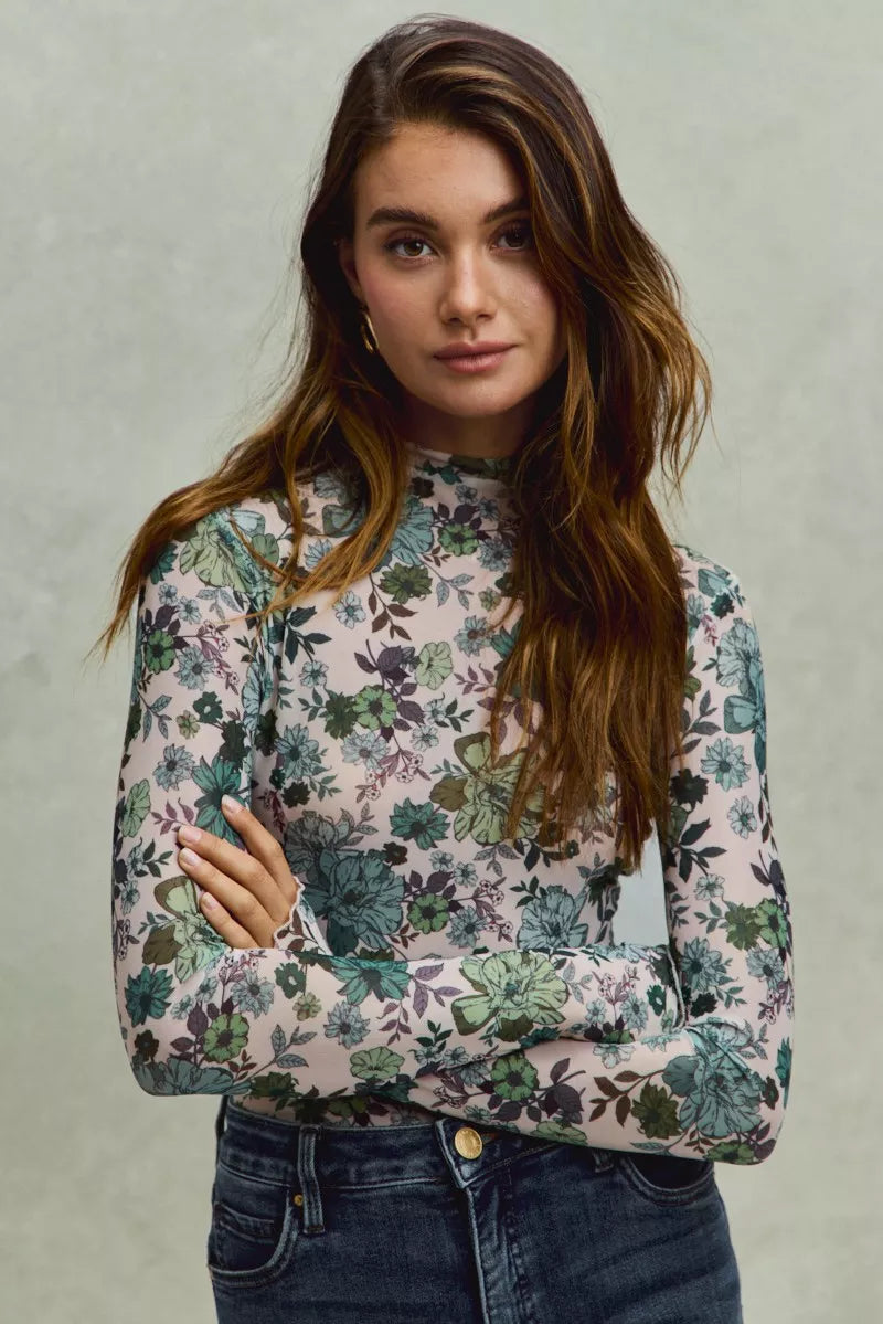 SO ME Floral Print Mesh Knit Long Sleeves Top