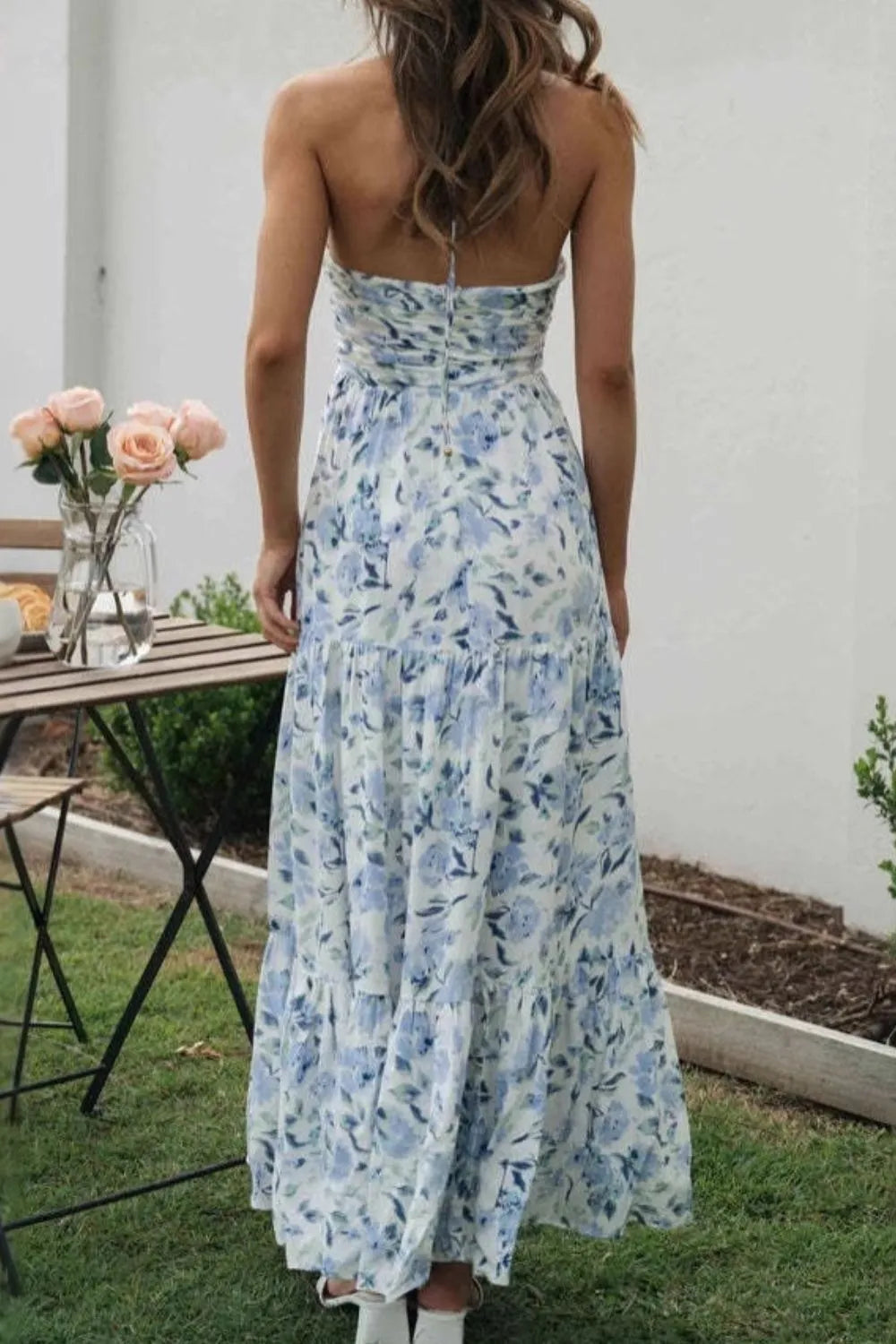 Floral Halter Neck Tiered Maxi Dress - Ladyez