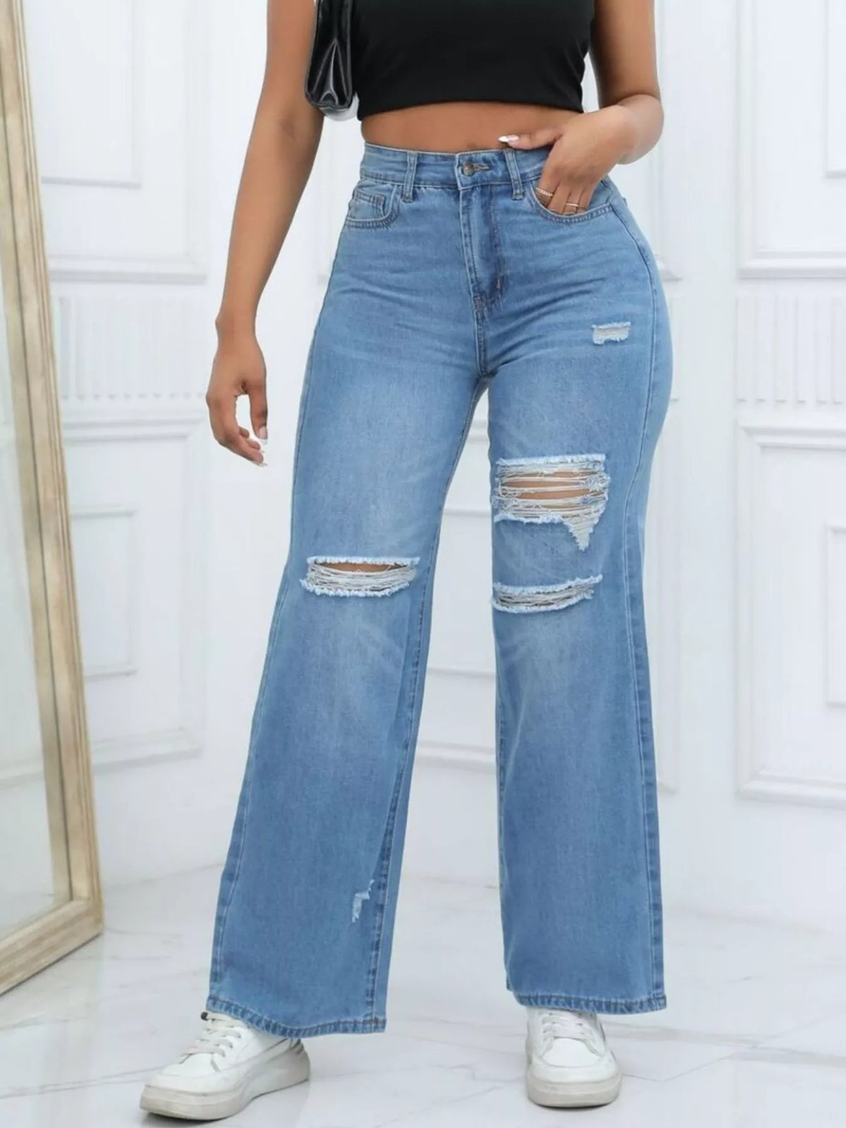 Distressed Wide-Leg Jeans
