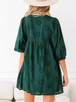 Embroidered Eyelet Pattern 3/4 Puffy Sleeve Swing Mini Dress