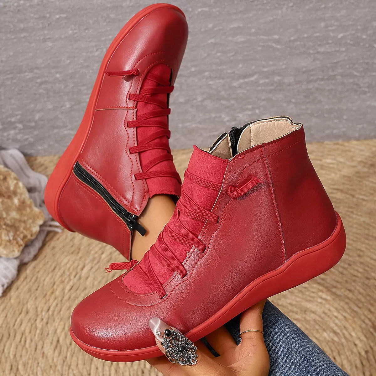 Lace-Up Faux Leather Ankle Boots