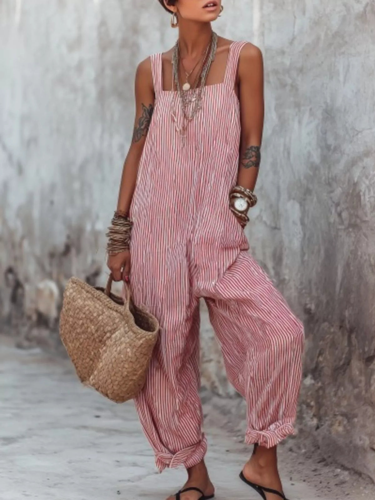 Full Size Striped Wide-Leg Jumpsuit Plus Size