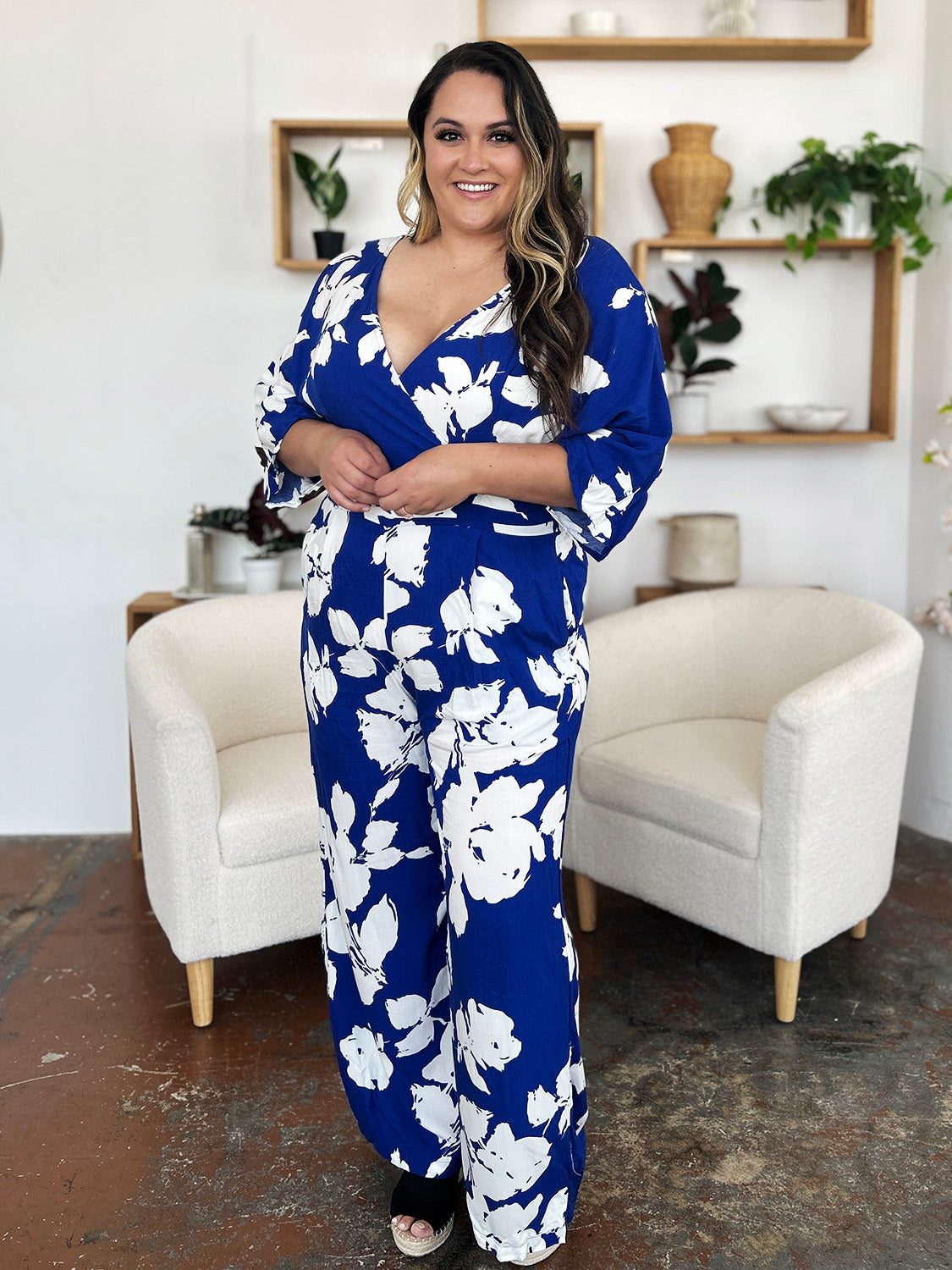 Double Take Full Size Printed Tie Back Wide Leg Jumpsuit - Ladyez