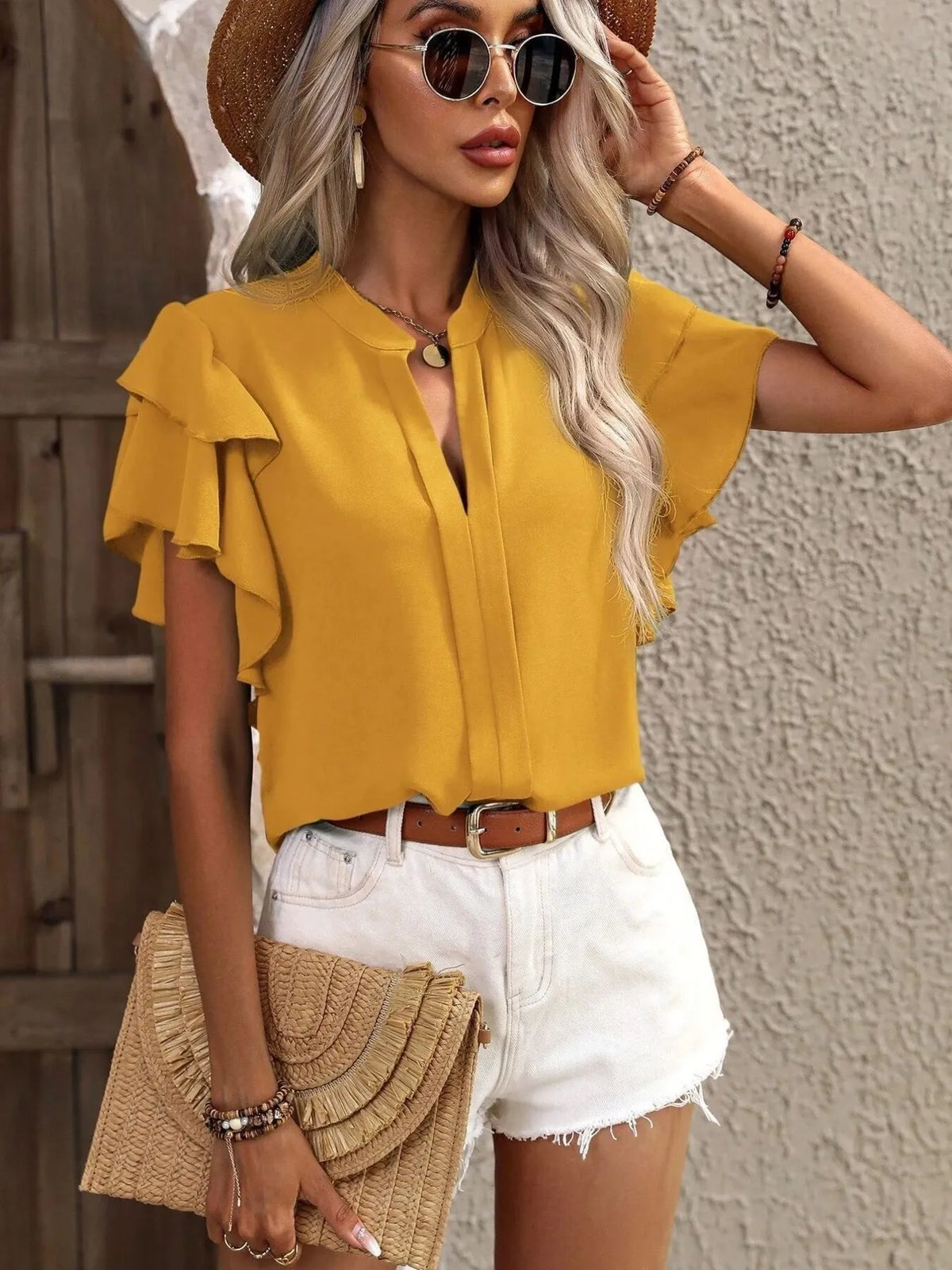 Ruffle Sleeve Notched Blouse - Ladyez