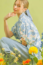 Umgee Botanical Print Mixed Trim Tunic Top