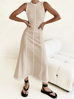 Contrast Stitching Round Neck Sleeveless Midi Dress