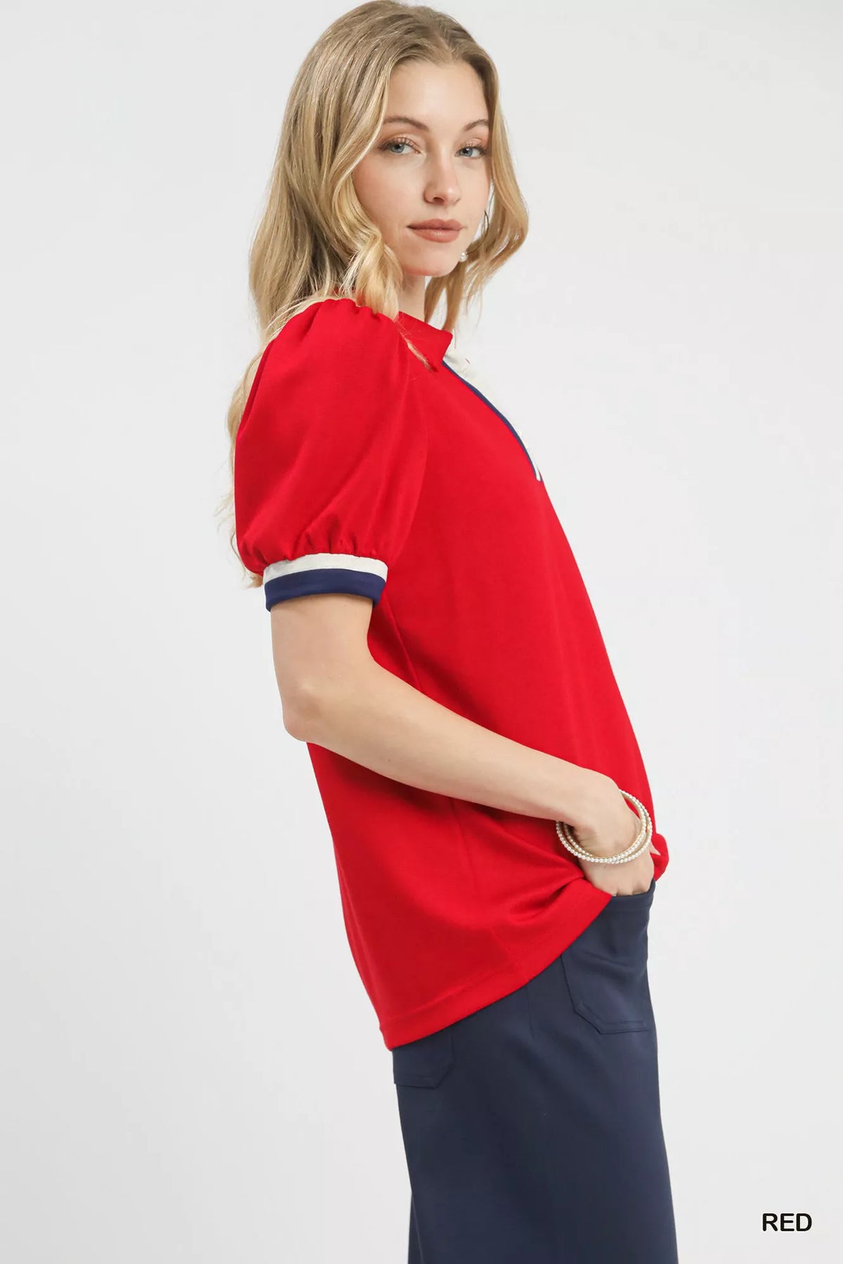Umgee Puff Sleeve Zip Front Top with Contrast Striped Trim