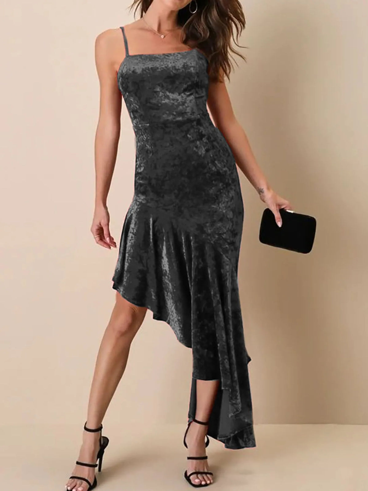 Asymmetrical Velvet Cami Dress with Ruffle Hem - Ladyez
