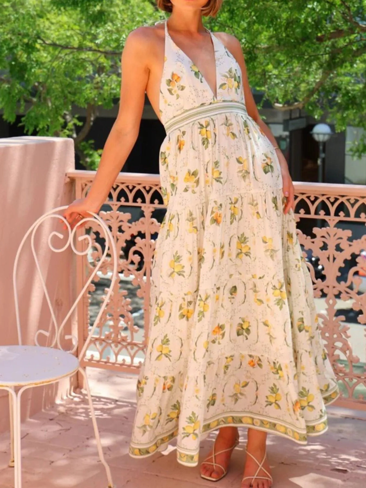 Printed Halter Neck Maxi Cami Dress - Ladyez