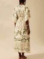 Palm Print V-Neck Midi Dress