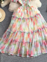 Smocked Floral Tiered Mesh Midi Dress