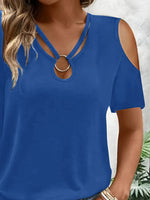 Cold Shoulder T-Shirt with Metal Ring Detail - Ladyez