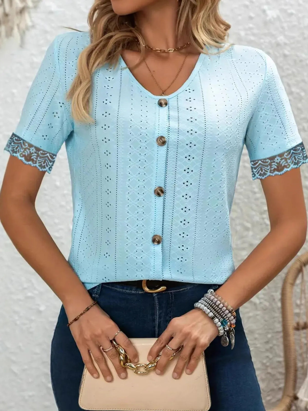 Eyelet Lace Trim Short Sleeve Blouse - Ladyez