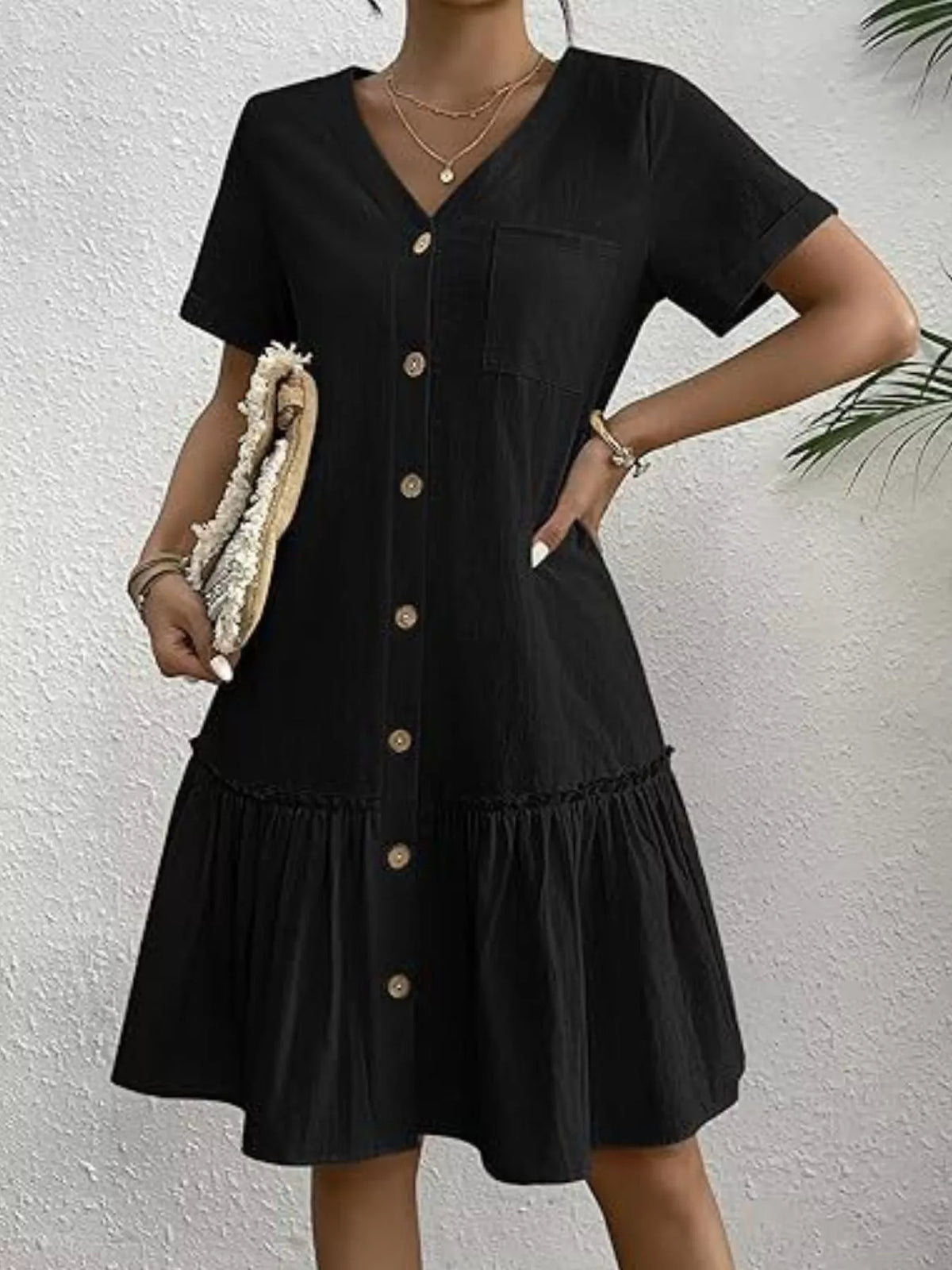 Full Size Button-Front Short Sleeve Tiered Dress Plus Size