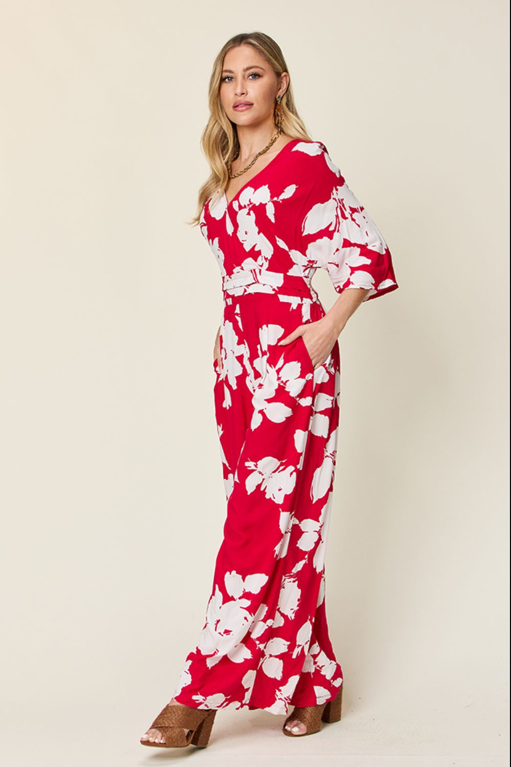 Double Take Full Size Printed Tie Back Wide Leg Jumpsuit - Ladyez