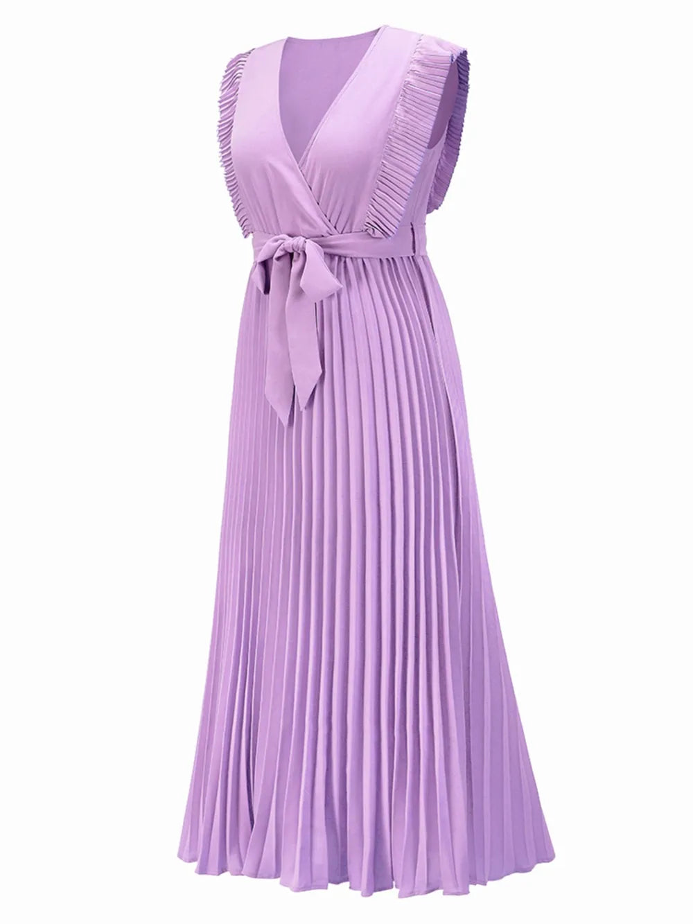 Tied Surplice Cap Sleeve Pleated Dress - Ladyez