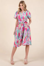Lime 'N' Chili Watercolor Print Tie Front Midi Dress