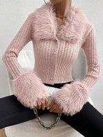 Faux Fur Trim Ribbed Knit Cropped Cardigan