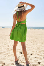 Davi & Dani Smocking Halter Neck Tie Open Back Mini Dress