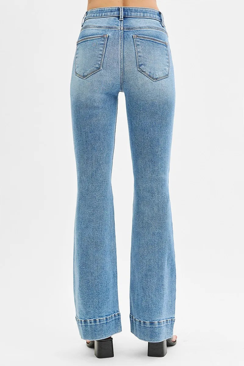 RISEN Full Size Tummy Control Elastic Band High Rise Flare Jeans Plus Size - Ladyez