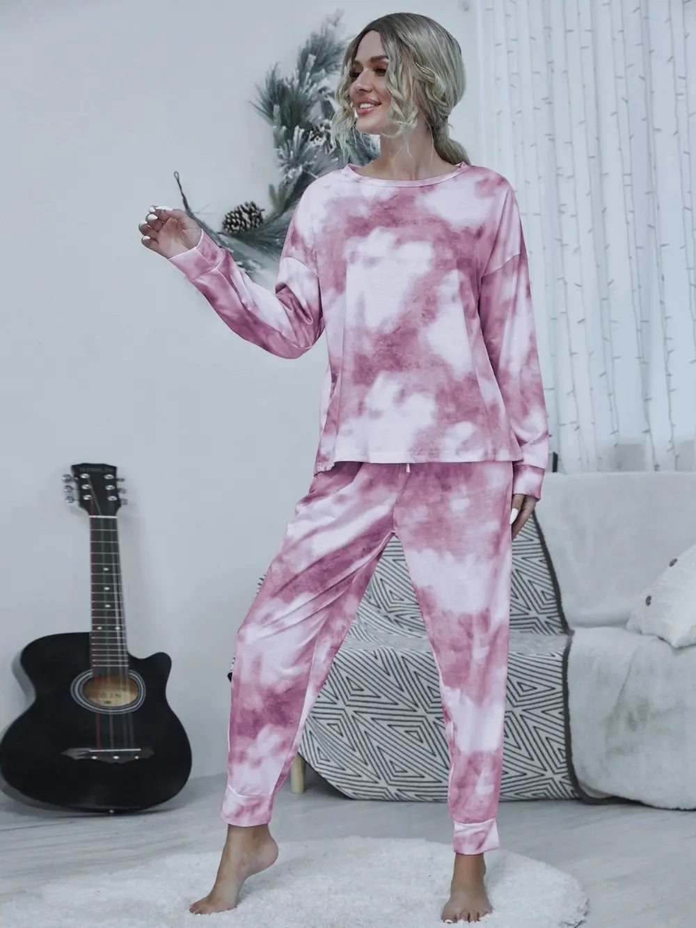 Shiny Tie-dye Round Neck Top and Drawstring Pants Lounge Set - Ladyez