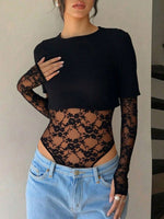 Lace Patchwork Round Neck Bodysuit