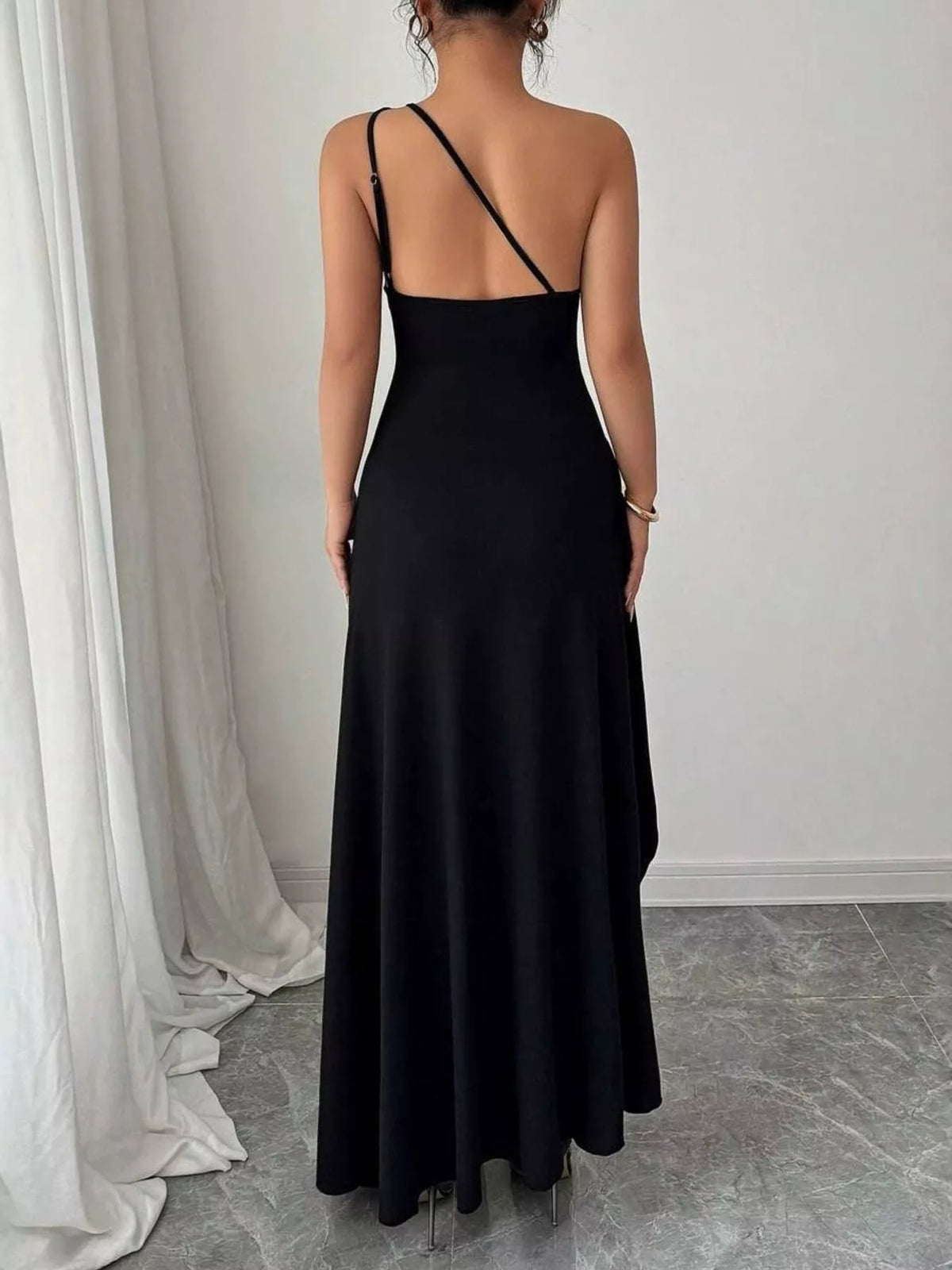 One-Shoulder Ruched High-Slit Maxi Dress