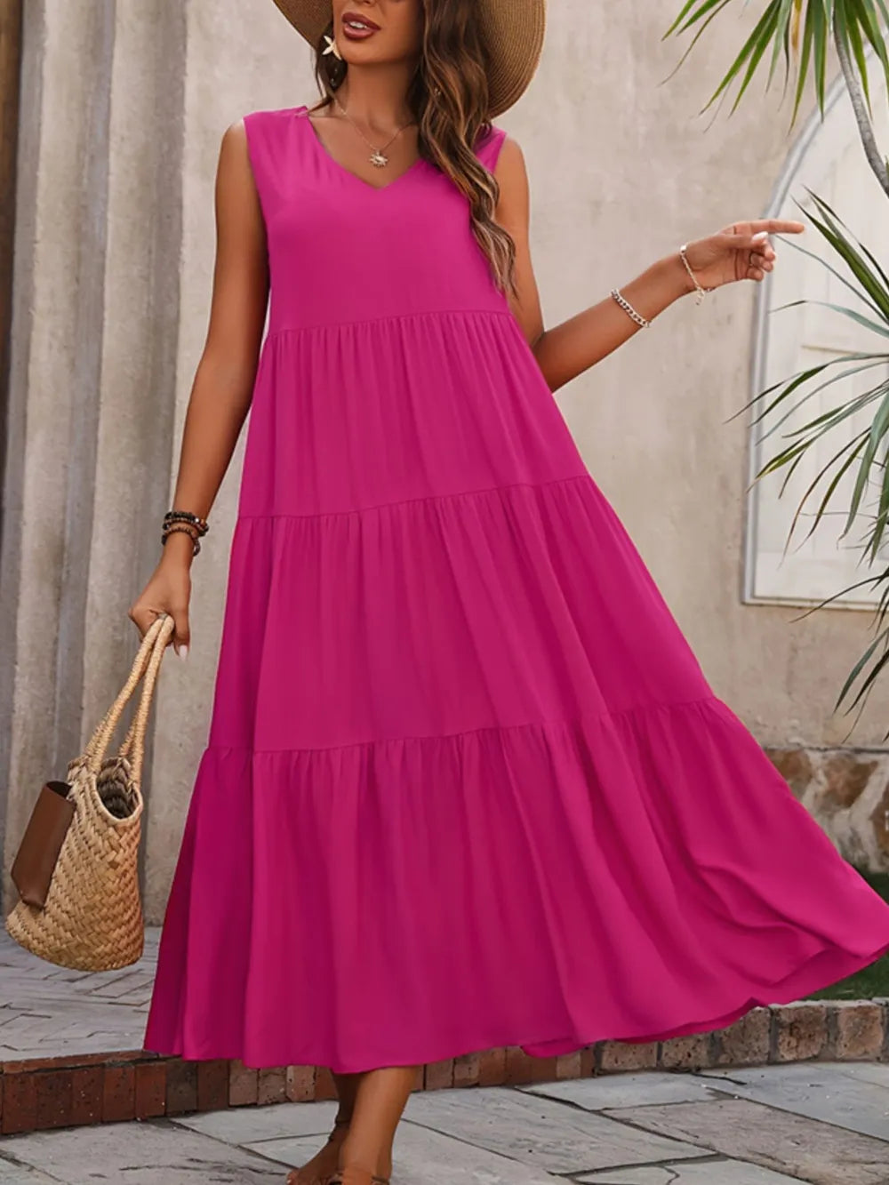 Tiered V-Neck Sleeveless Dress - Ladyez