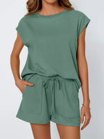 Round Neck Cap Sleeve Top and Shorts Set - Ladyez