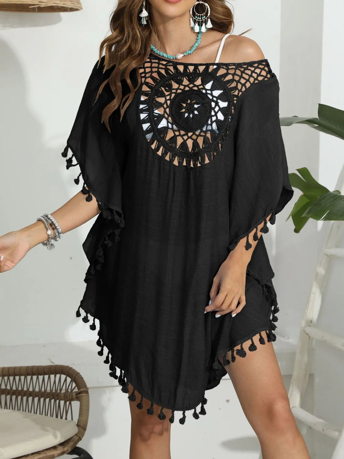 Tassel Crochet Round Neck Cover-Up - Ladyez