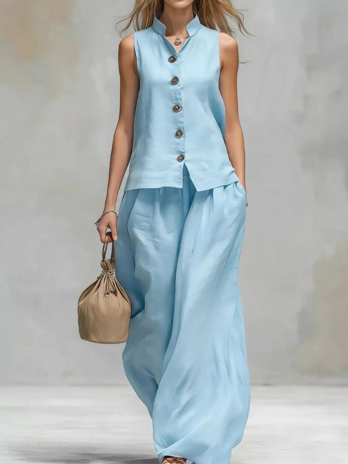 Sleeveless Button-Down Top and Wide-Leg Pant Set
